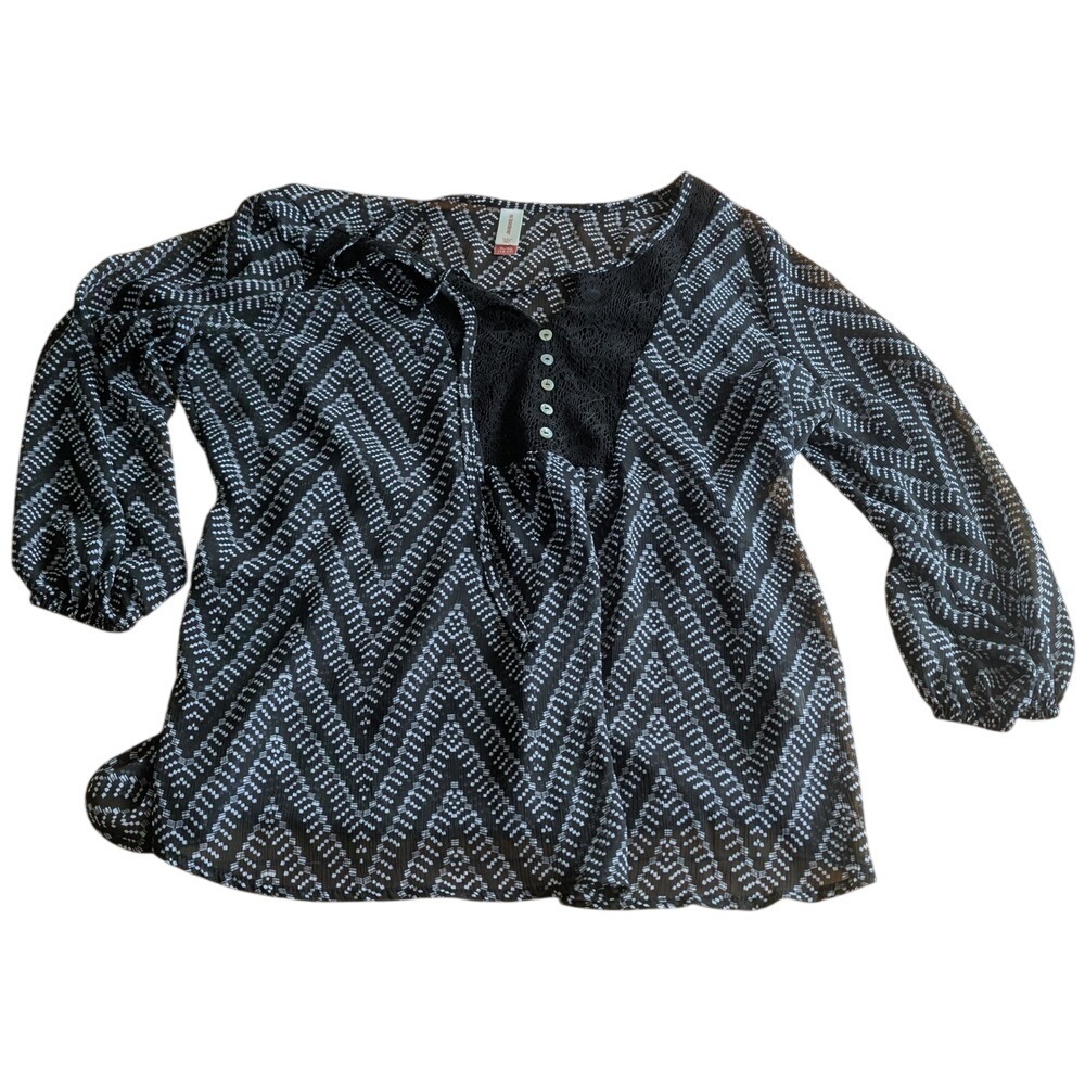 No Boundaries Womens Black White Chevron Lace‎ Boho Tunic Top XL